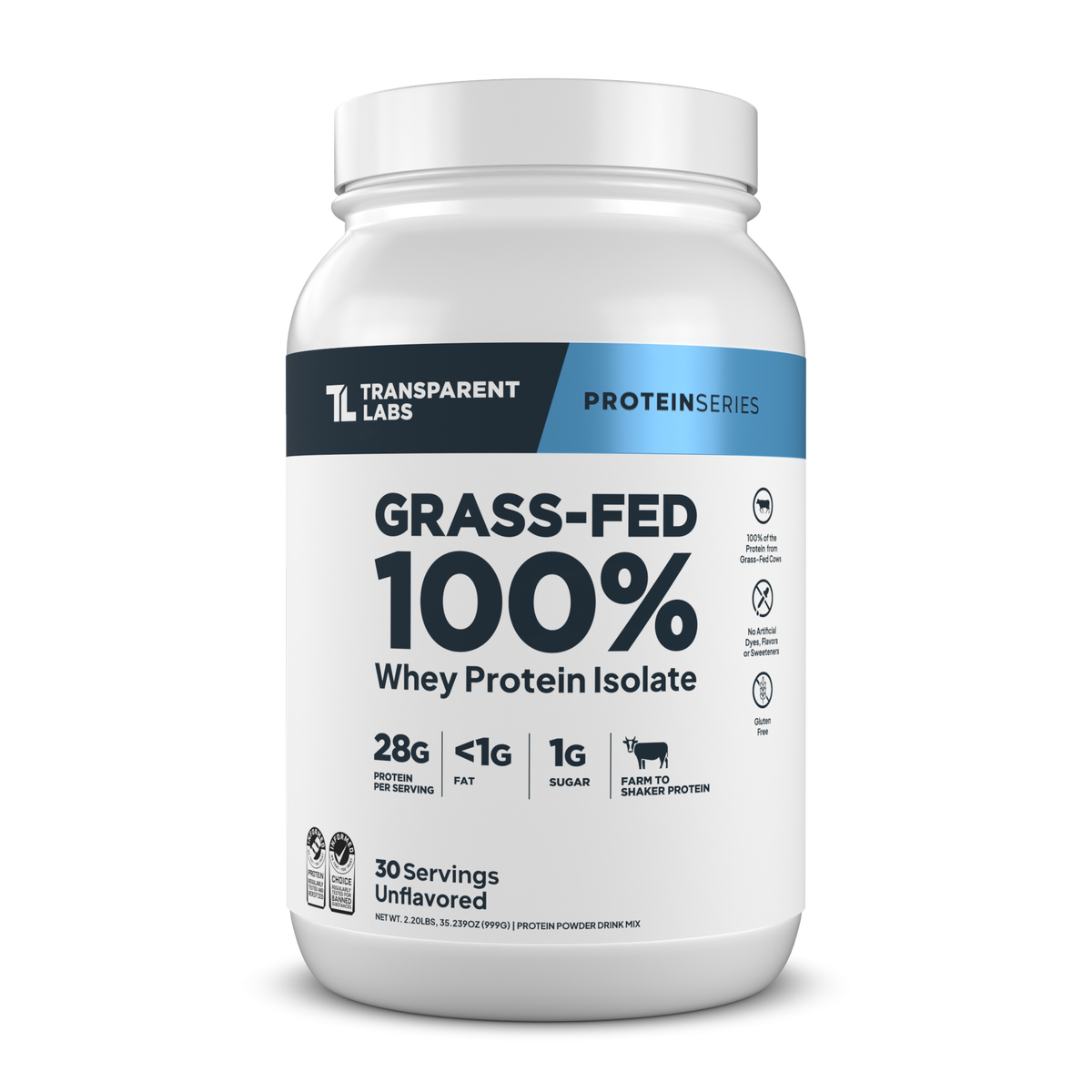 Transparent Labs Grass-Fed Whey Protein Isolate, Unflavored, 2LB container
