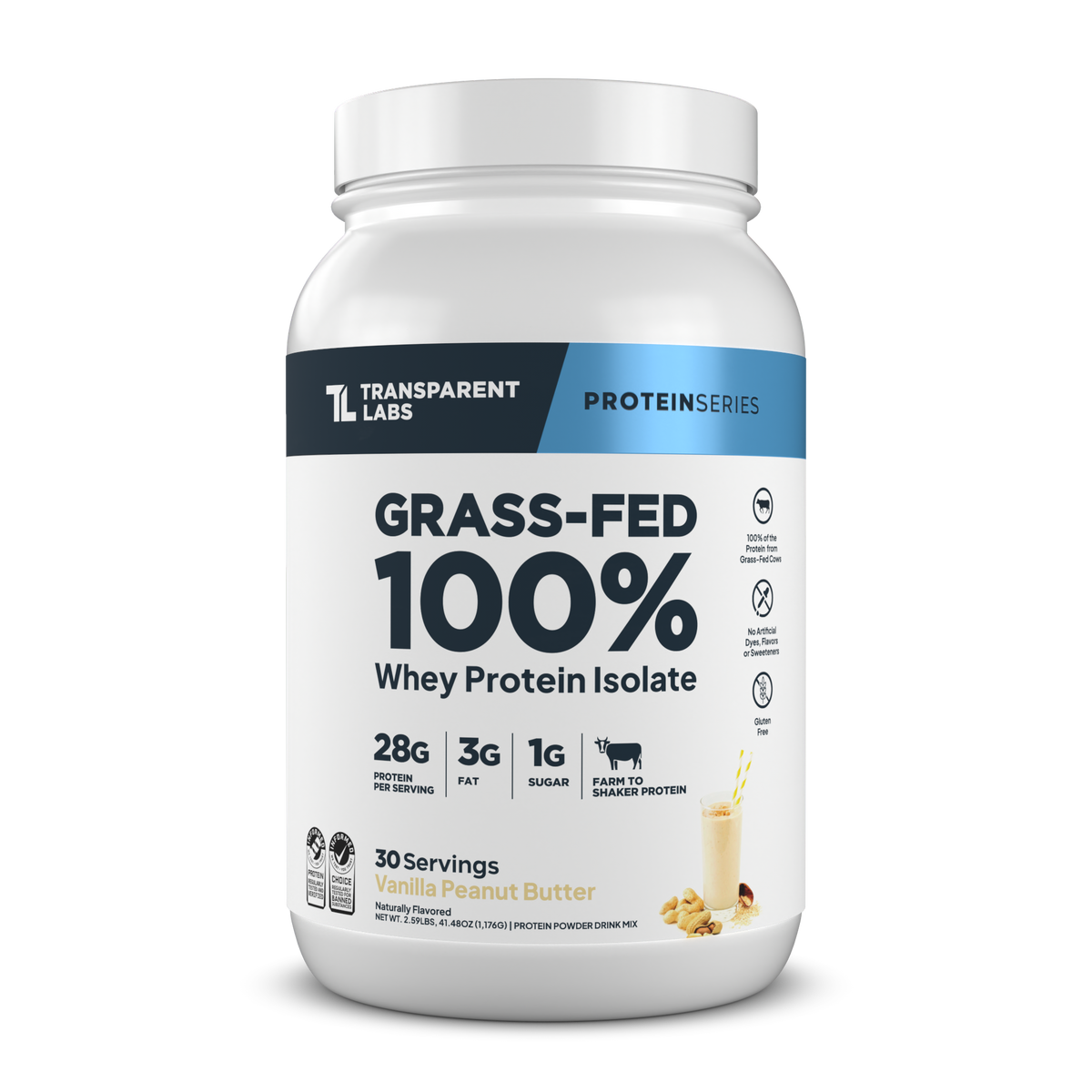 Transparent Labs Grass-Fed Whey Protein Isolate, Vanilla Peanut Butter, 2LB container